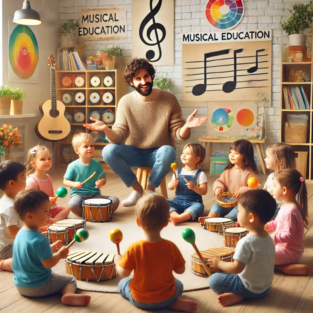 DALL·E 2024-08-16 14.34.04 - A lively scene representing the fusion of musical education and early childhood education. The image includes a group of young children sitting in a c