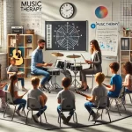 DALL·E 2024-09-05 17.41.03 - A professional and academic scene of music therapy in special education. A therapist leads a structured music therapy session with children seated in