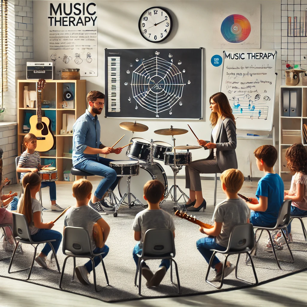 DALL·E 2024-09-05 17.41.03 - A professional and academic scene of music therapy in special education. A therapist leads a structured music therapy session with children seated in
