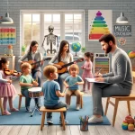 DALL·E 2024-09-13 20.50.59 - A realistic scene of children participating in a music education class that integrates psychology. A psychologist observes and interacts with the chil