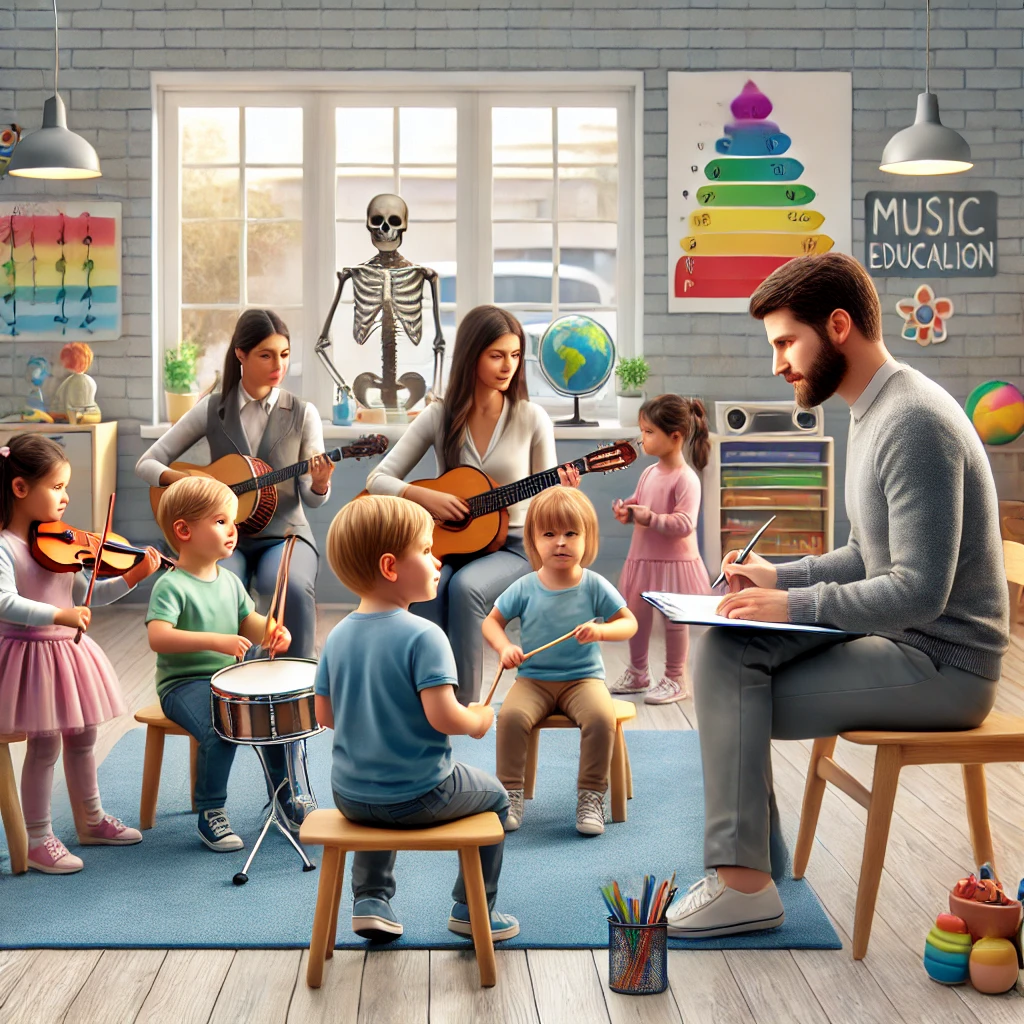 DALL·E 2024-09-13 20.50.59 - A realistic scene of children participating in a music education class that integrates psychology. A psychologist observes and interacts with the chil